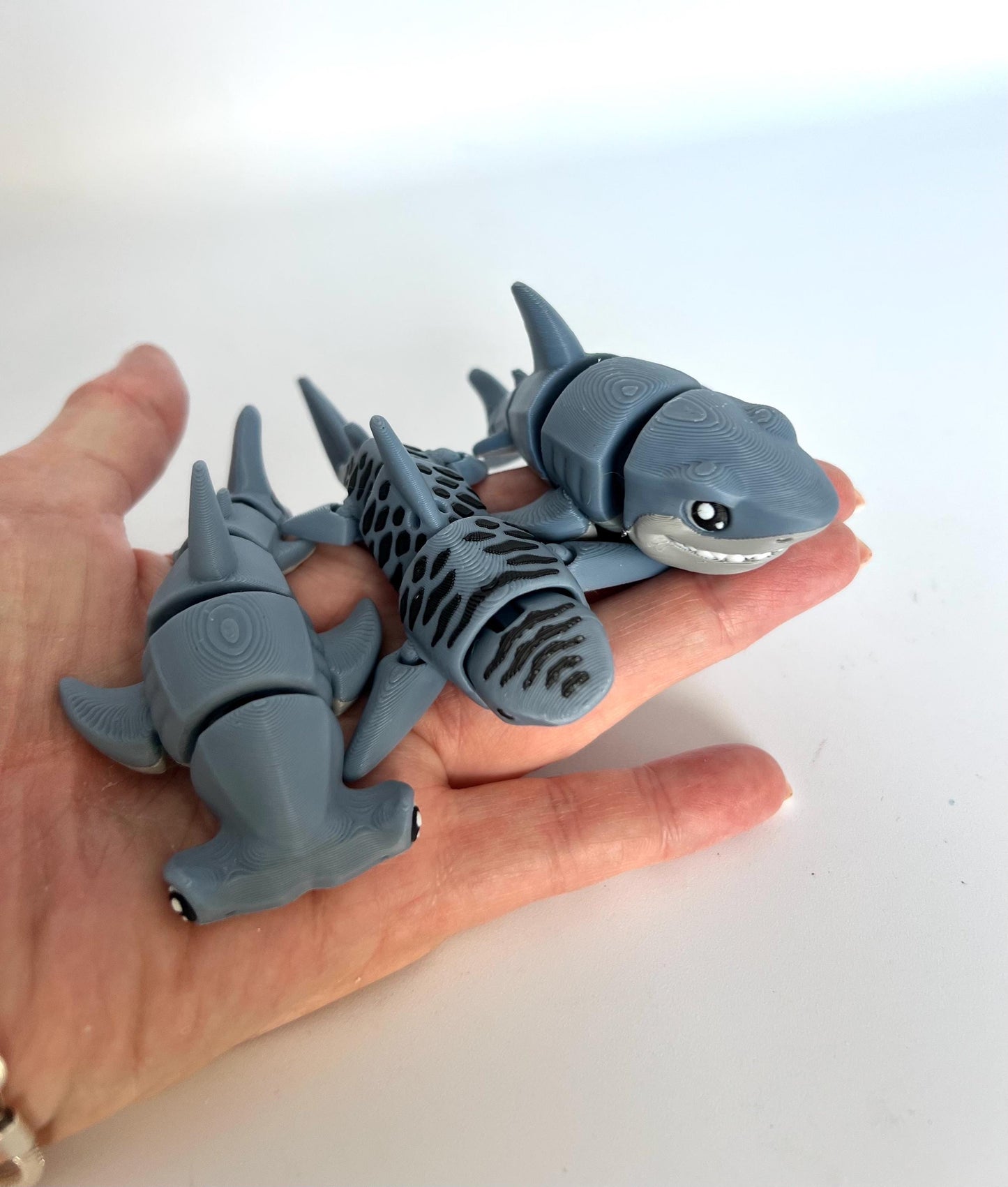 Pack of 3 Articulated Shark Sensory Toys – Tiger Shark, Great White + Hammerhead – Educational Fidget Toys for Kids, Teachers & Classrooms