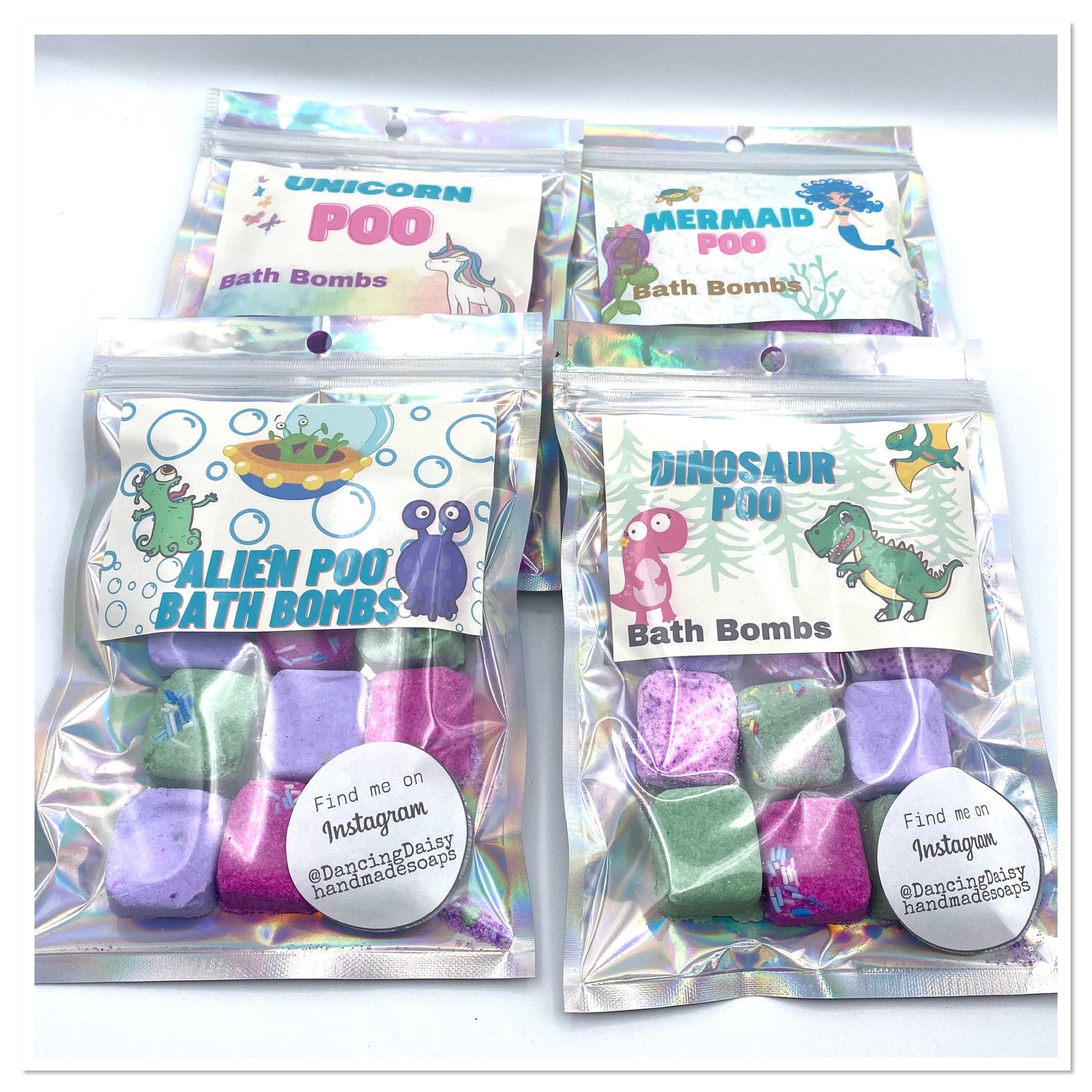 Bath Bomb bags / pouches - Mermaid, Alien, Dinosaur or Unicorn Poo bath bombs - gift for children