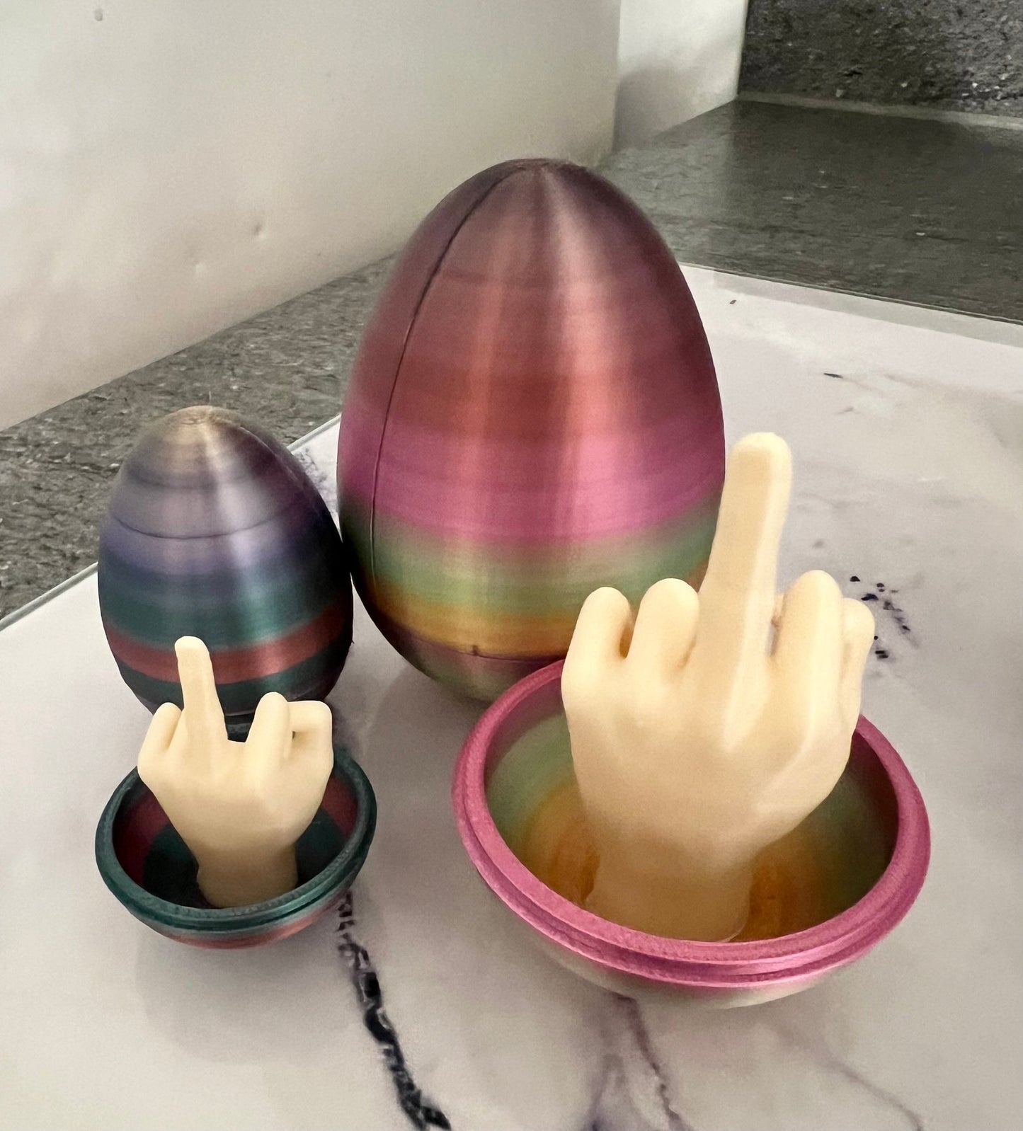 Middle Finger Joke Easter Egg, available in three sizes, Hilarious Joke Easter Egg Ornament - Surprise Middle Finger Gesture Inside