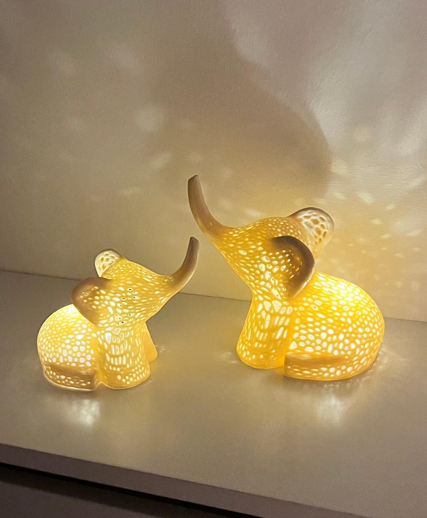 Parent and Baby Elephant Tealight Covers with battery operated tea lights,   Outdoor garden lights, Elephant Lamps