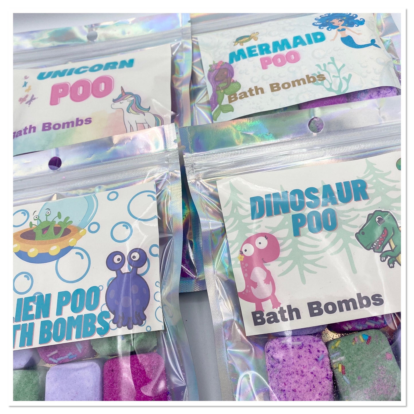Bath Bomb bags / pouches - Mermaid, Alien, Dinosaur or Unicorn Poo bath bombs - gift for children