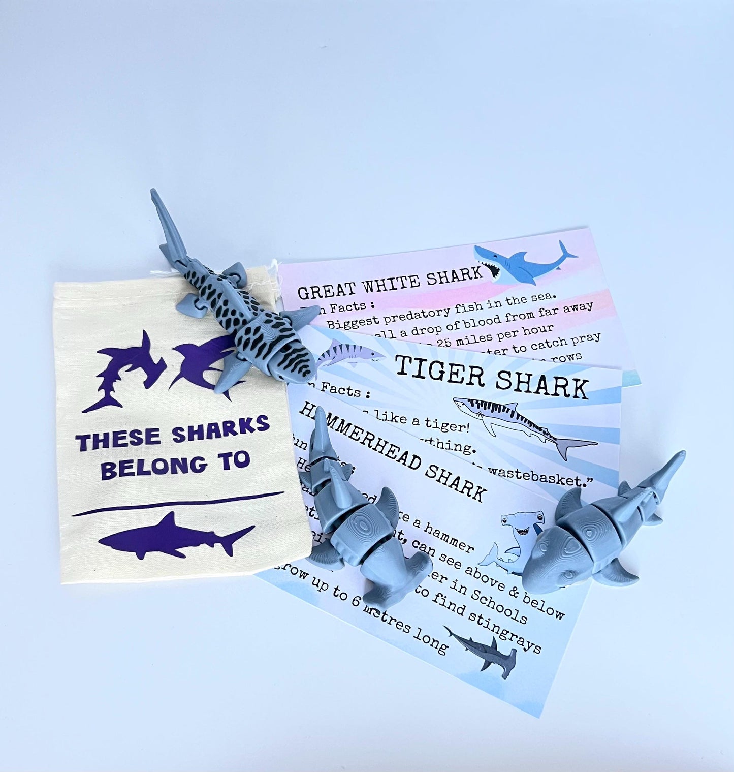 Pack of 3 Articulated Shark Sensory Toys – Tiger Shark, Great White + Hammerhead – Educational Fidget Toys for Kids, Teachers & Classrooms