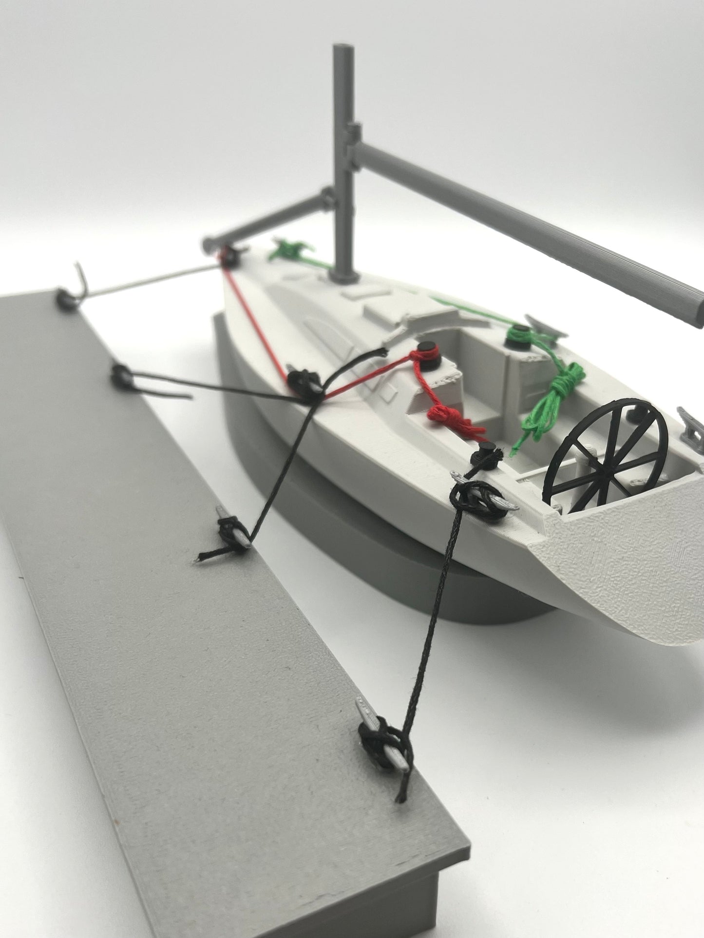 Yacht with pontoon, Sailing training aid with cleats and lines.