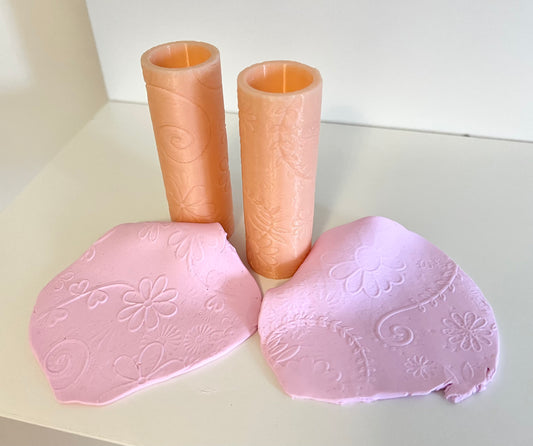 Clay Texture Roller, Flower Collage, Set of 2 -  embosser clay roller, polymer clay, clay tool, pottery clay embossing, clay embosser