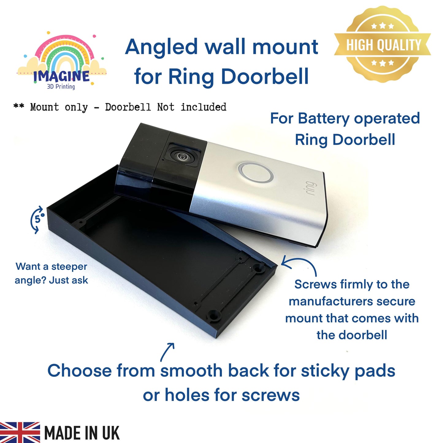 3D Printed Ring Doorbell Mount: 5 Degree Angle, Weatherproof ABS