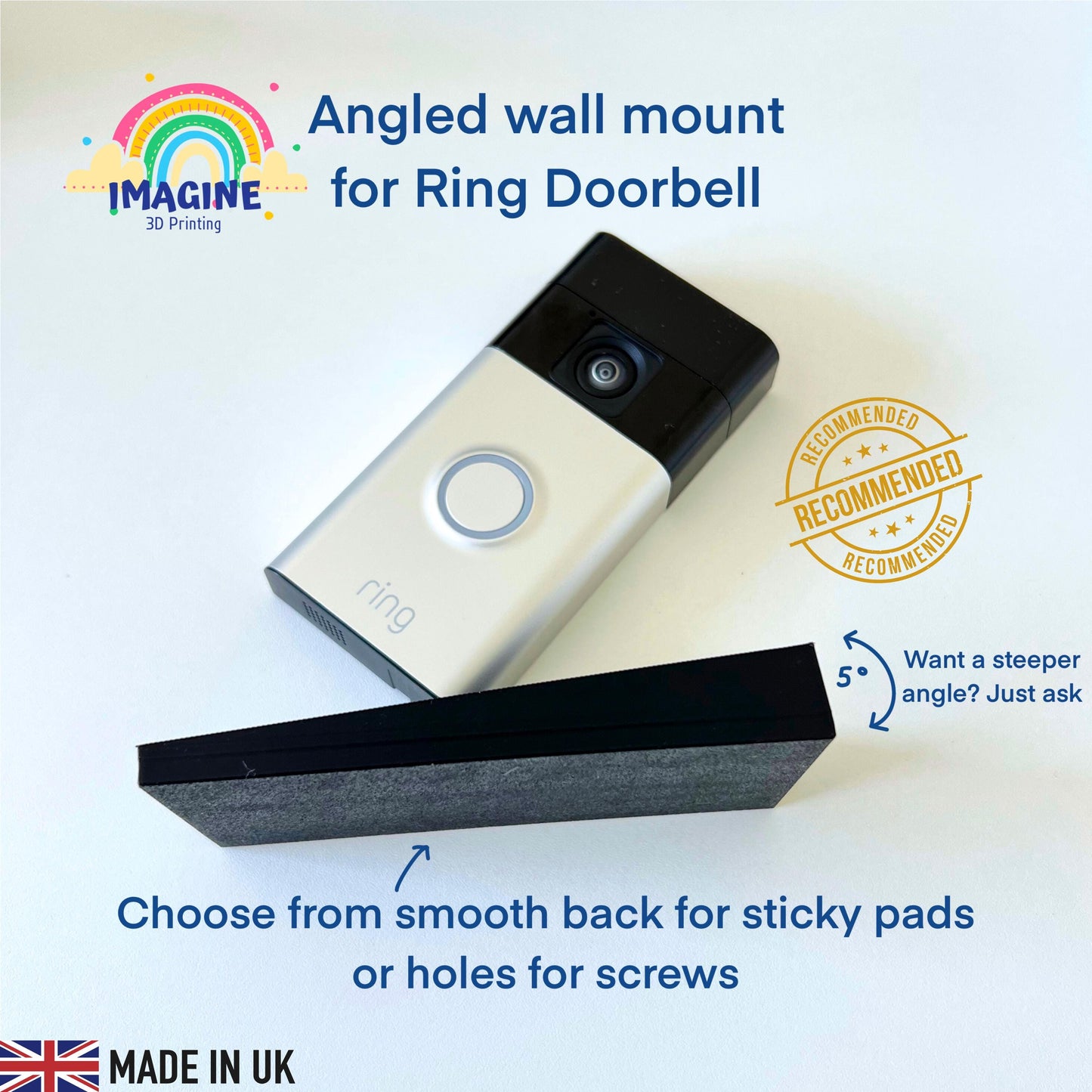 3D Printed 5 Degree Angled Ring Doorbell Mount - Weatherproof ABS